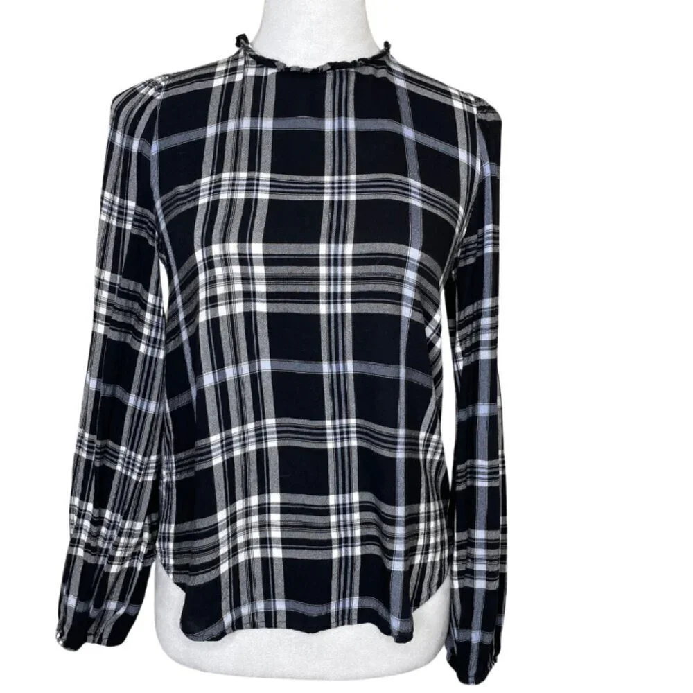 LOFT Dark Academia Plaid Ruffle Neck Tie Back Blouse XS